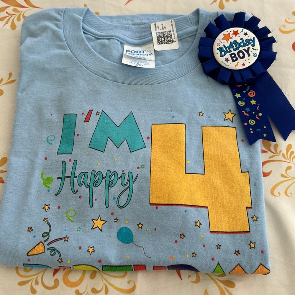 “I’m 4 Happy Birthday to Me”T-shirt & Birthday Boy Pin Celebrate Turning 4 NEW